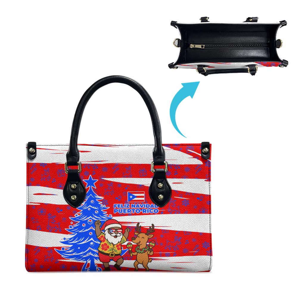 Puerto Rico Christmas Leather Bag with Dancing Santa Reindeer Blue Tree and Festive Flag Design - Wonder Print Shop