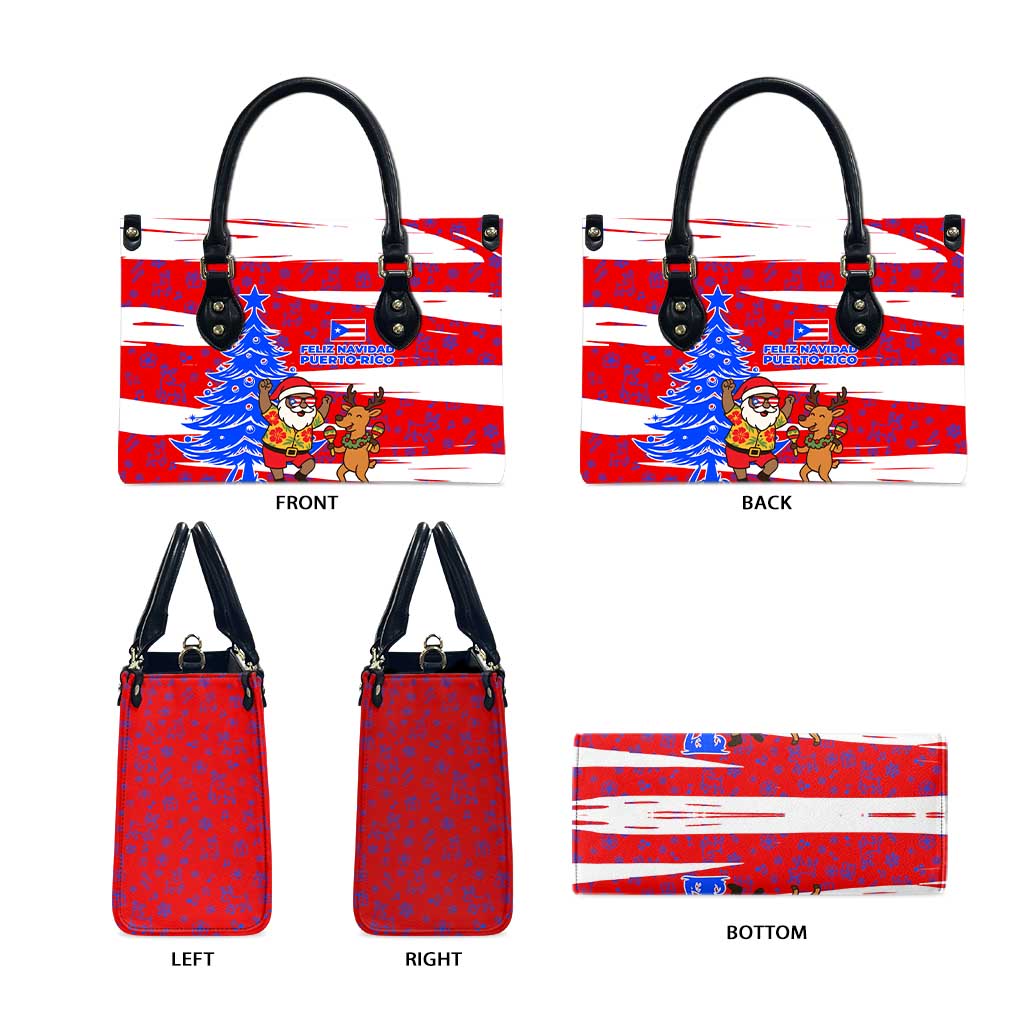 Puerto Rico Christmas Leather Bag with Dancing Santa Reindeer Blue Tree and Festive Flag Design - Wonder Print Shop