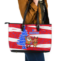 Puerto Rico Christmas Leather Tote Bag with Dancing Santa Reindeer Blue Tree and Festive Flag Design - Wonder Print Shop