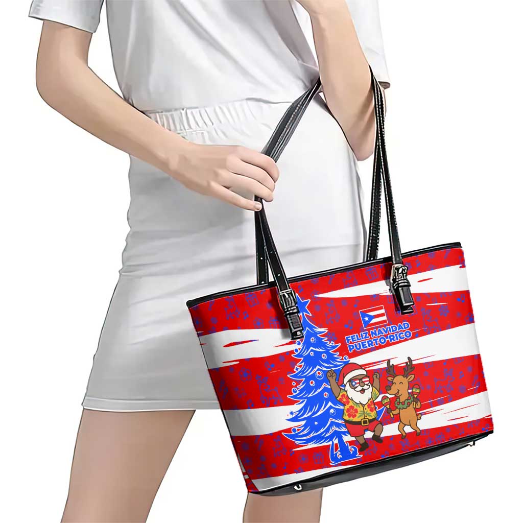 Puerto Rico Christmas Leather Tote Bag with Dancing Santa Reindeer Blue Tree and Festive Flag Design - Wonder Print Shop