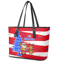 Puerto Rico Christmas Leather Tote Bag with Dancing Santa Reindeer Blue Tree and Festive Flag Design - Wonder Print Shop