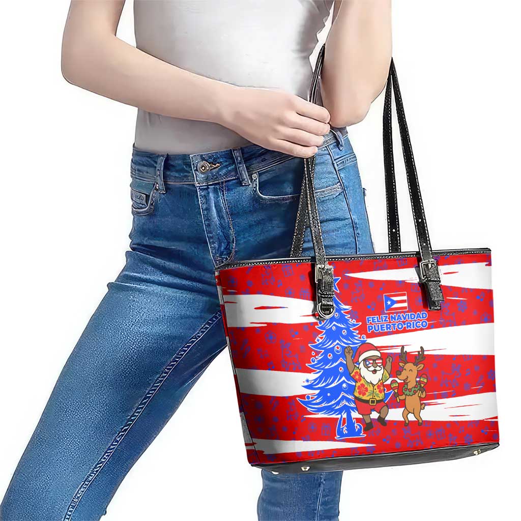Puerto Rico Christmas Leather Tote Bag with Dancing Santa Reindeer Blue Tree and Festive Flag Design - Wonder Print Shop