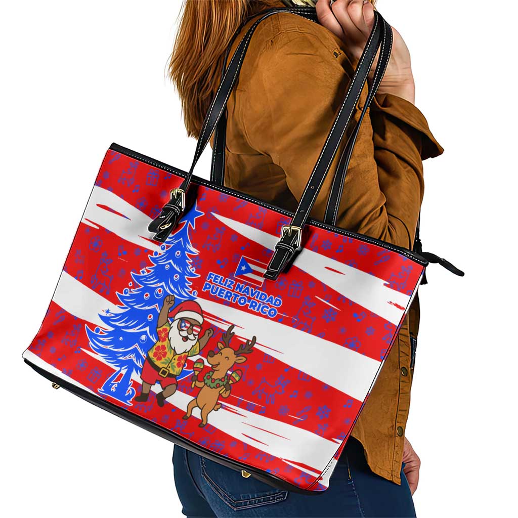 Puerto Rico Christmas Leather Tote Bag with Dancing Santa Reindeer Blue Tree and Festive Flag Design - Wonder Print Shop