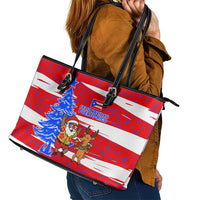 Puerto Rico Christmas Leather Tote Bag with Dancing Santa Reindeer Blue Tree and Festive Flag Design - Wonder Print Shop
