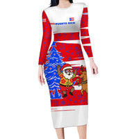 Puerto Rico Christmas Long Sleeve Bodycon Dress with Dancing Santa Reindeer Blue Tree and Festive Flag Design - Wonder Print Shop