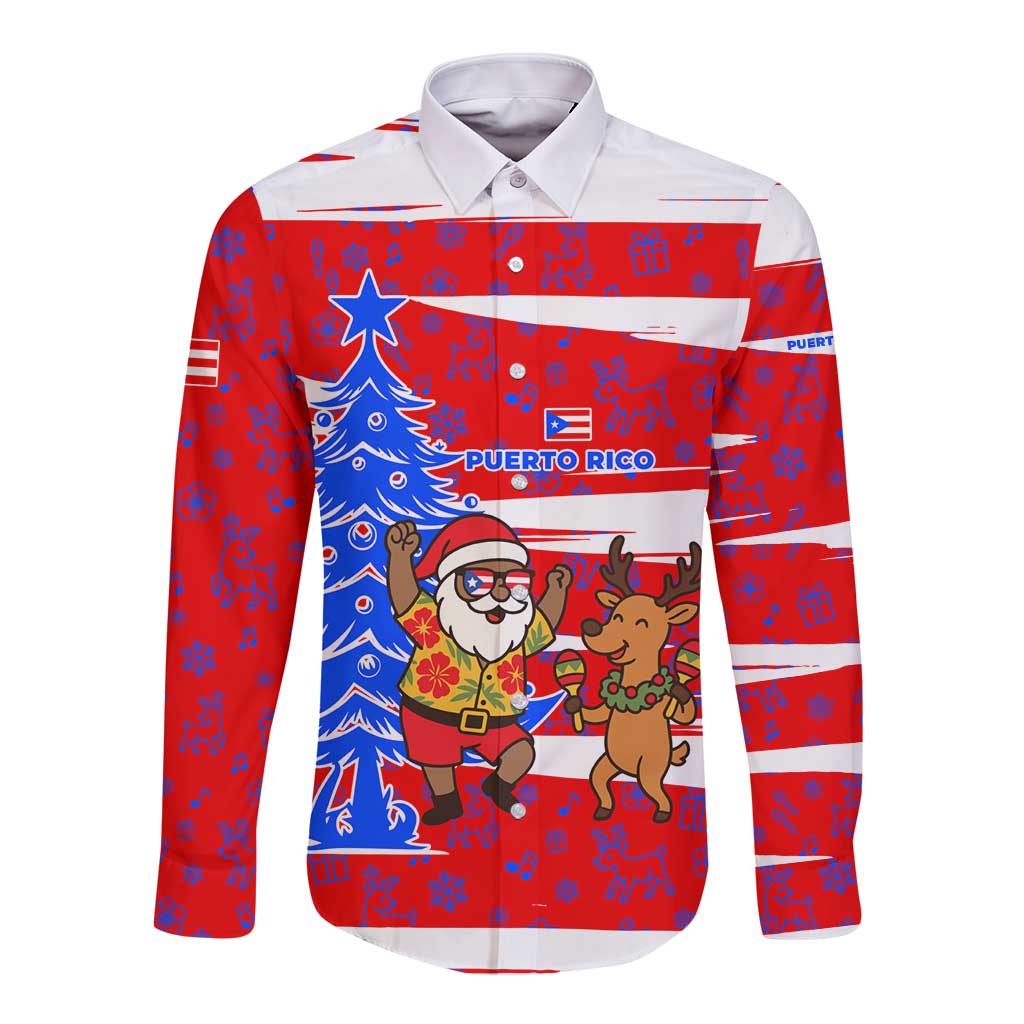 Puerto Rico Christmas Long Sleeve Button Shirt with Dancing Santa Reindeer Blue Tree and Festive Flag Design - Wonder Print Shop