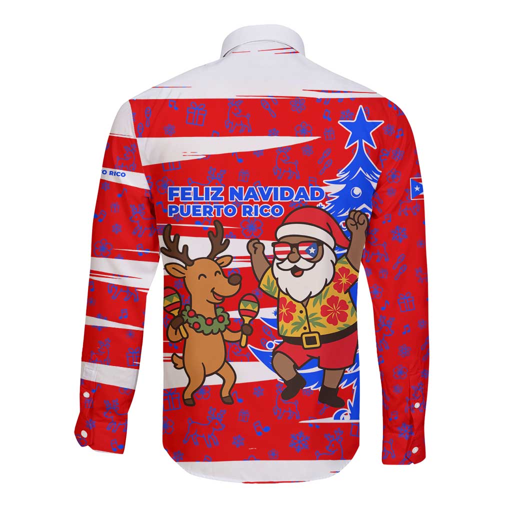 Puerto Rico Christmas Long Sleeve Button Shirt with Dancing Santa Reindeer Blue Tree and Festive Flag Design - Wonder Print Shop