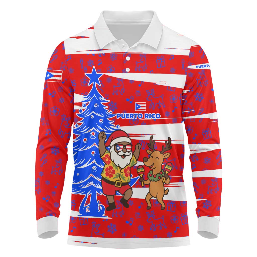 Puerto Rico Christmas Long Sleeve Polo Shirt with Dancing Santa Reindeer Blue Tree and Festive Flag Design - Wonder Print Shop