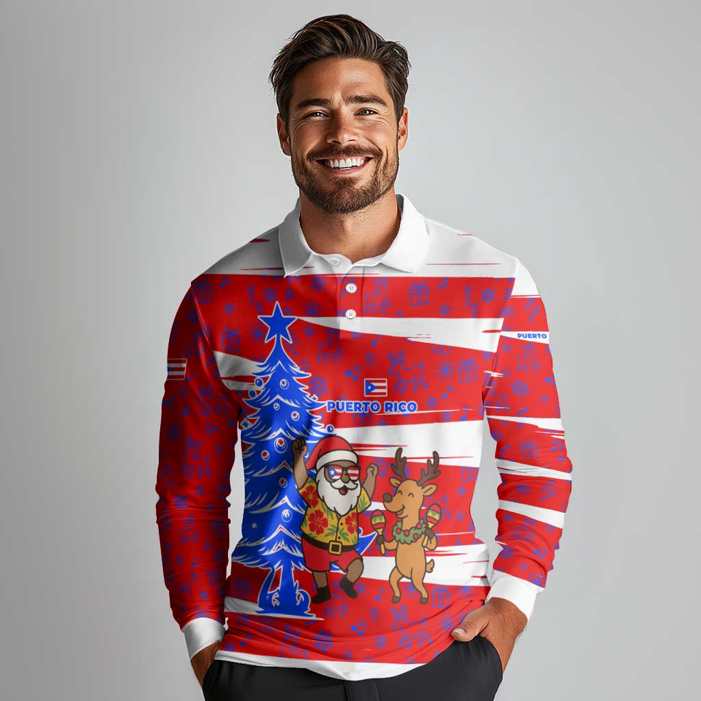 Puerto Rico Christmas Long Sleeve Polo Shirt with Dancing Santa Reindeer Blue Tree and Festive Flag Design - Wonder Print Shop
