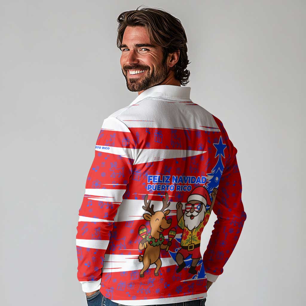 Puerto Rico Christmas Long Sleeve Polo Shirt with Dancing Santa Reindeer Blue Tree and Festive Flag Design - Wonder Print Shop