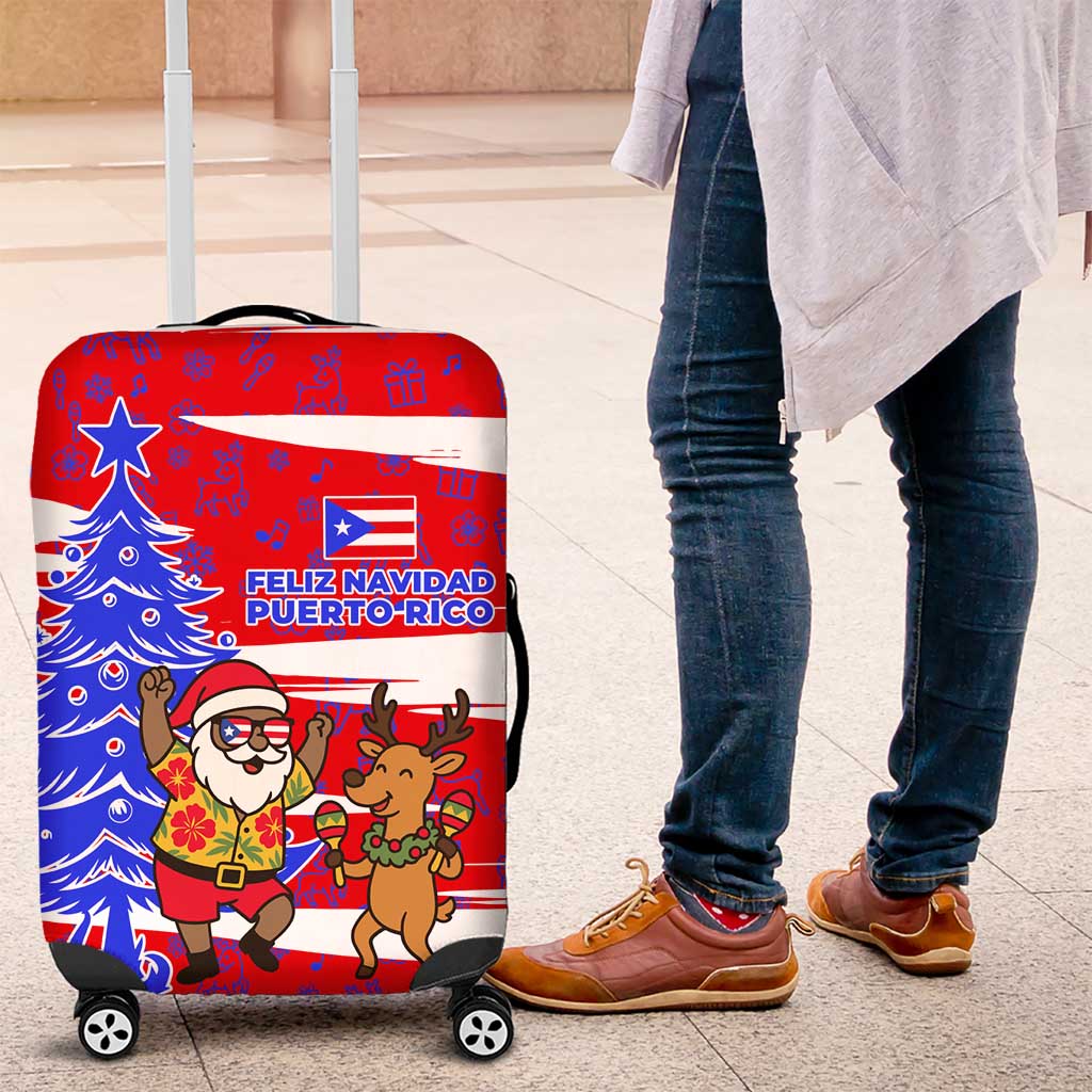 Puerto Rico Christmas Luggage Cover with Dancing Santa Reindeer Blue Tree and Festive Flag Design - Wonder Print Shop