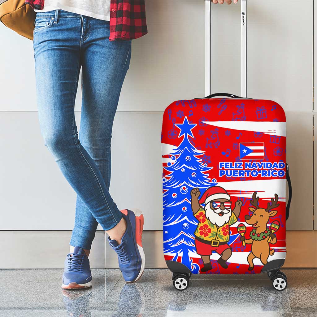Puerto Rico Christmas Luggage Cover with Dancing Santa Reindeer Blue Tree and Festive Flag Design - Wonder Print Shop