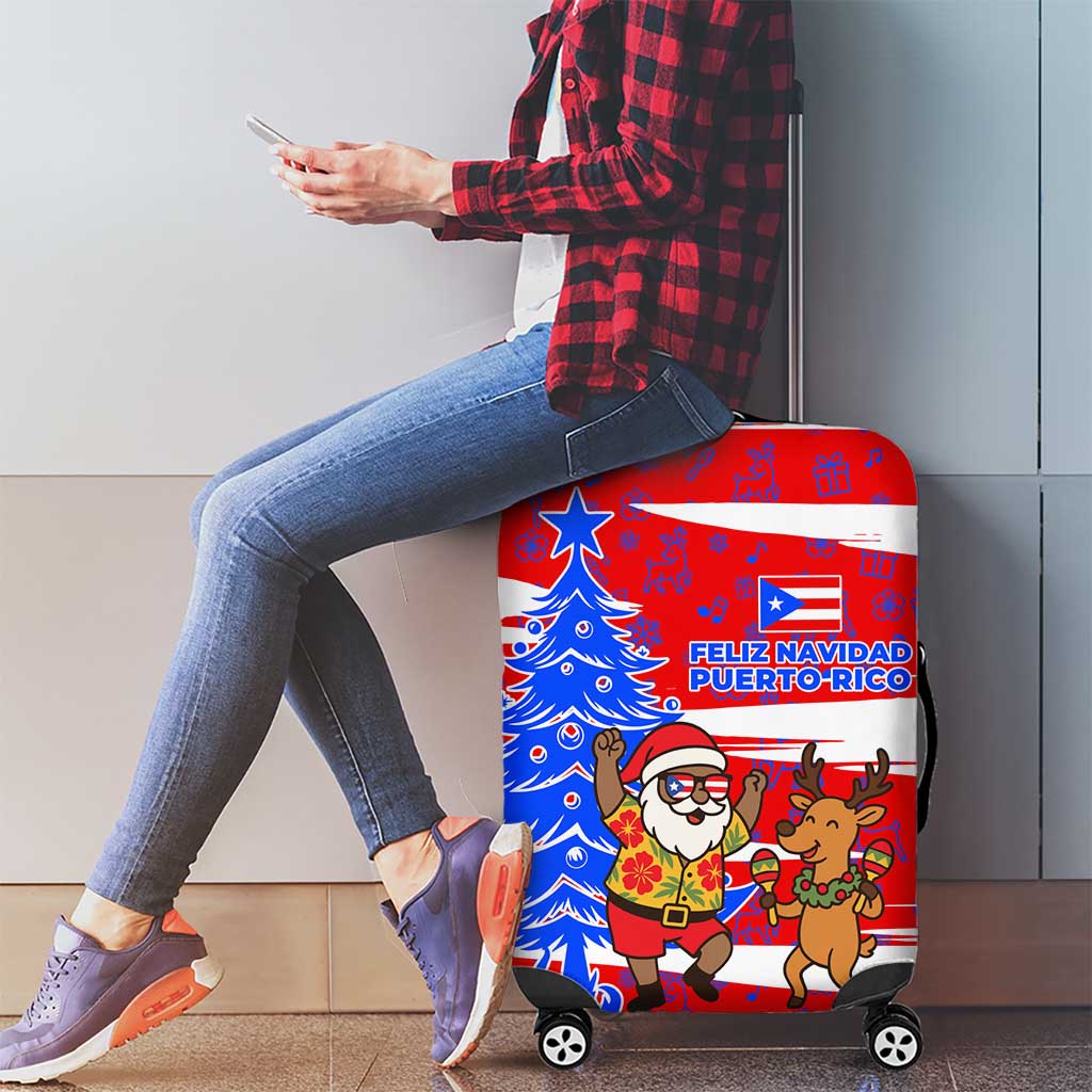 Puerto Rico Christmas Luggage Cover with Dancing Santa Reindeer Blue Tree and Festive Flag Design - Wonder Print Shop