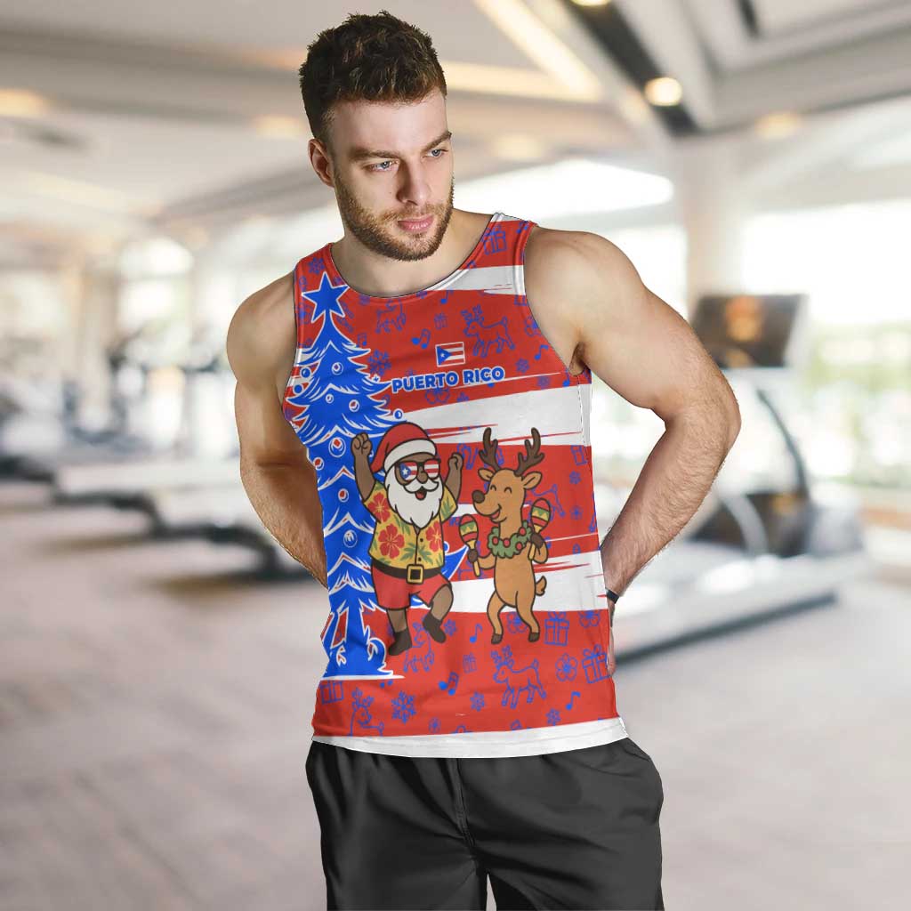 Puerto Rico Christmas Men Tank Top with Dancing Santa Reindeer Blue Tree and Festive Flag Design - Wonder Print Shop