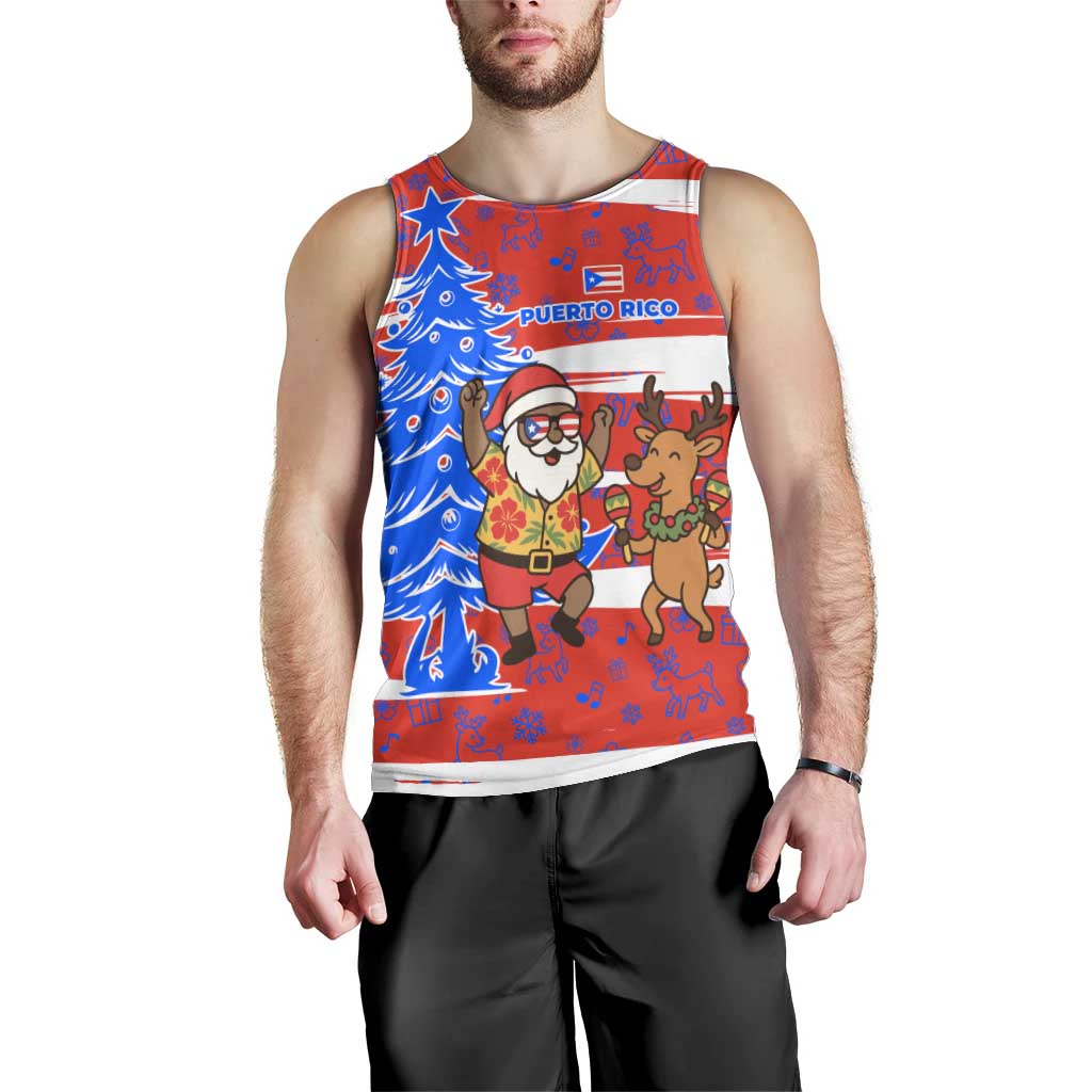 Puerto Rico Christmas Men Tank Top with Dancing Santa Reindeer Blue Tree and Festive Flag Design - Wonder Print Shop