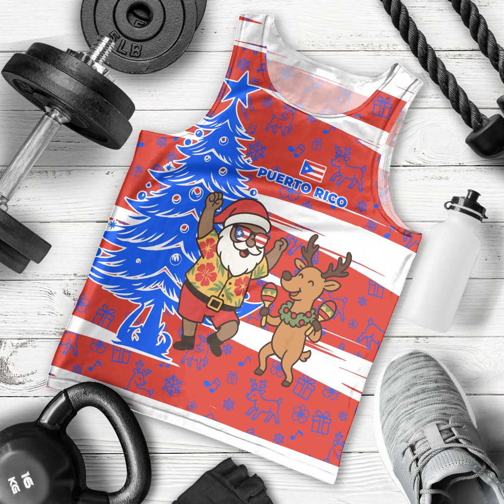 Puerto Rico Christmas Men Tank Top with Dancing Santa Reindeer Blue Tree and Festive Flag Design - Wonder Print Shop