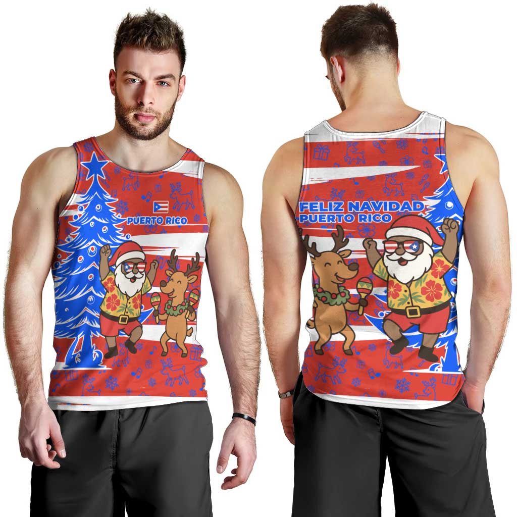 Puerto Rico Christmas Men Tank Top with Dancing Santa Reindeer Blue Tree and Festive Flag Design - Wonder Print Shop
