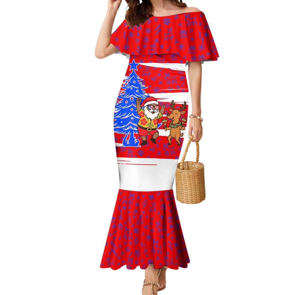 Puerto Rico Christmas Mermaid Dress with Dancing Santa Reindeer Blue Tree and Festive Flag Design - Wonder Print Shop