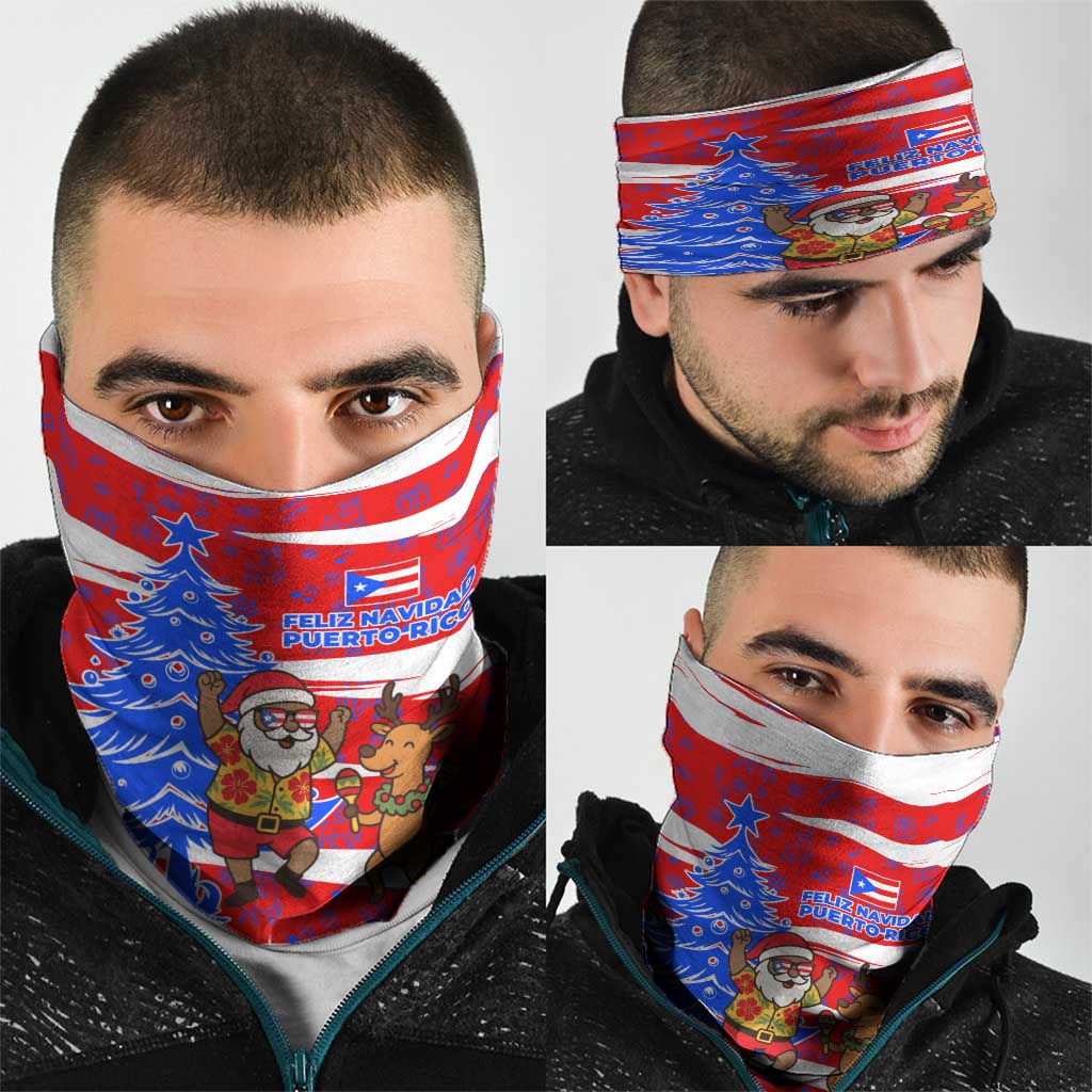 Puerto Rico Christmas Neck Gaiter with Dancing Santa Reindeer Blue Tree and Festive Flag Design - Wonder Print Shop