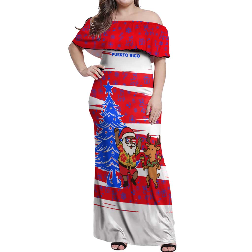 Puerto Rico Christmas Off Shoulder Maxi Dress with Dancing Santa Reindeer Blue Tree and Festive Flag Design - Wonder Print Shop