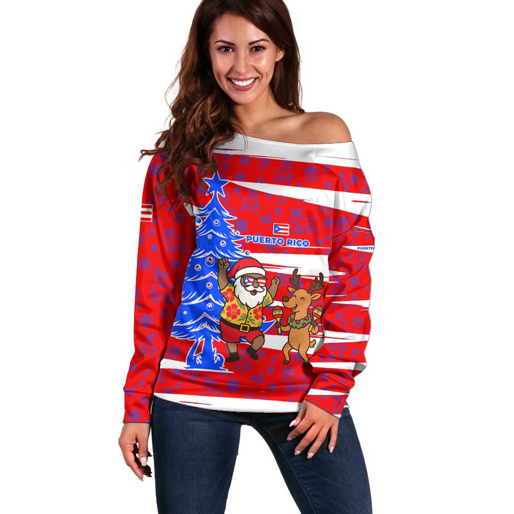 Puerto Rico Christmas Off Shoulder Sweater with Dancing Santa Reindeer Blue Tree and Festive Flag Design - Wonder Print Shop