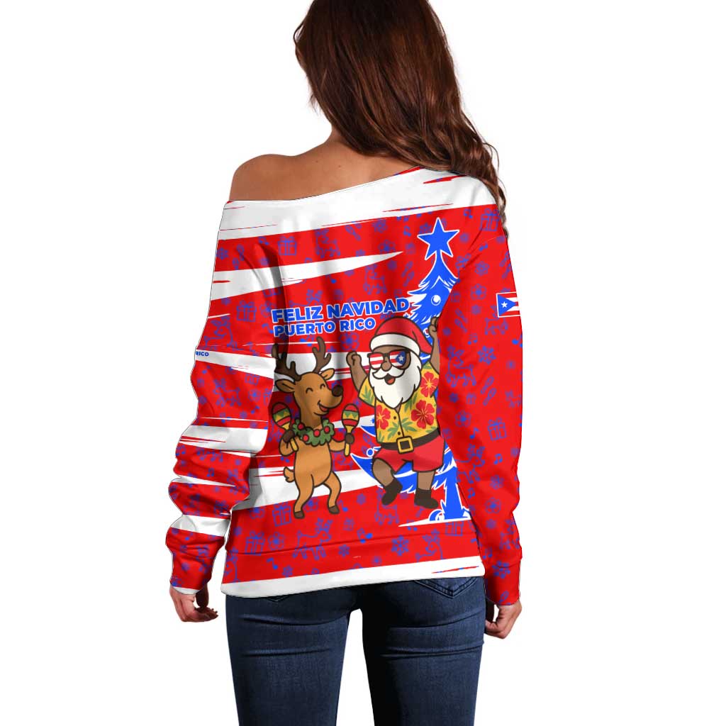 Puerto Rico Christmas Off Shoulder Sweater with Dancing Santa Reindeer Blue Tree and Festive Flag Design - Wonder Print Shop