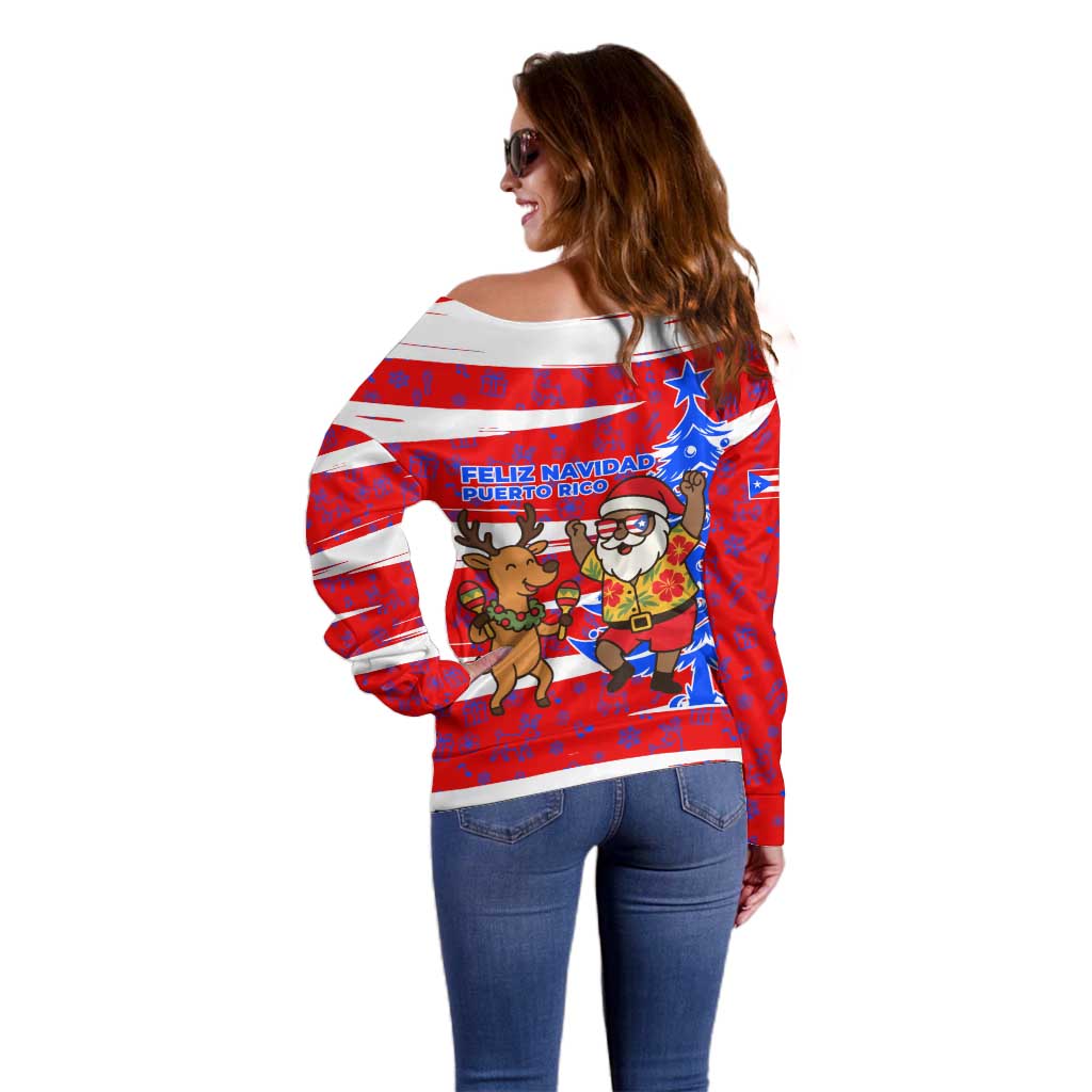 Puerto Rico Christmas Off Shoulder Sweater with Dancing Santa Reindeer Blue Tree and Festive Flag Design - Wonder Print Shop