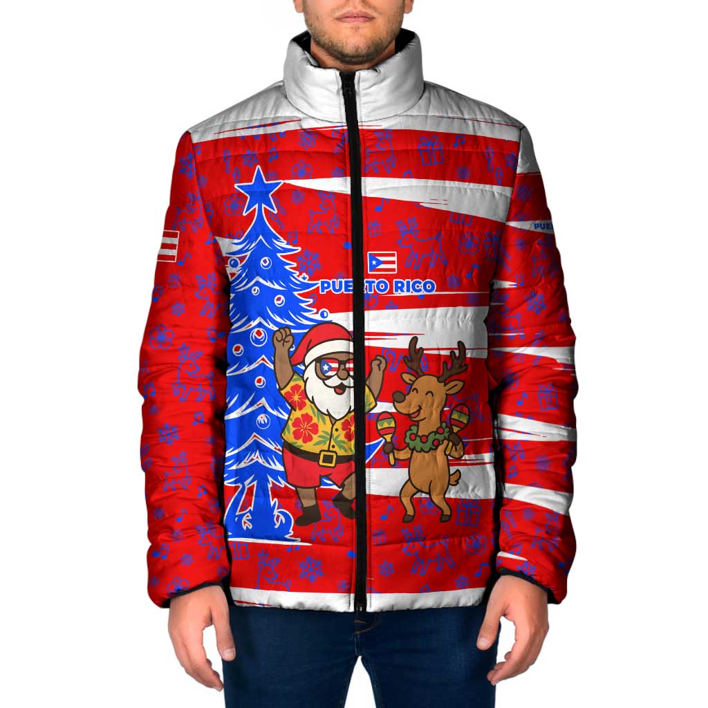 Puerto Rico Christmas Padded Jacket with Dancing Santa Reindeer Blue Tree and Festive Flag Design - Wonder Print Shop