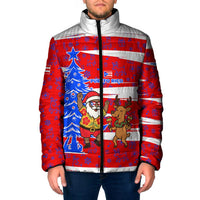 Puerto Rico Christmas Padded Jacket with Dancing Santa Reindeer Blue Tree and Festive Flag Design - Wonder Print Shop
