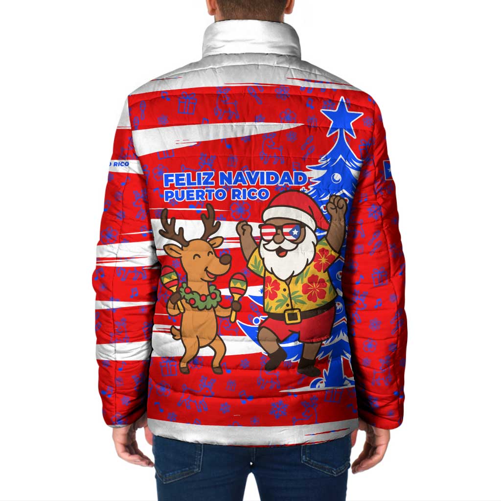 Puerto Rico Christmas Padded Jacket with Dancing Santa Reindeer Blue Tree and Festive Flag Design - Wonder Print Shop