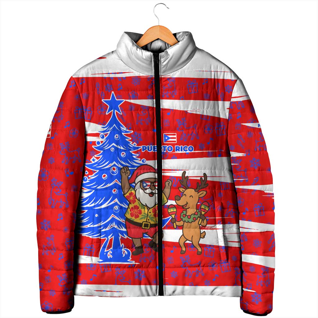Puerto Rico Christmas Padded Jacket with Dancing Santa Reindeer Blue Tree and Festive Flag Design - Wonder Print Shop