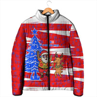Puerto Rico Christmas Padded Jacket with Dancing Santa Reindeer Blue Tree and Festive Flag Design - Wonder Print Shop