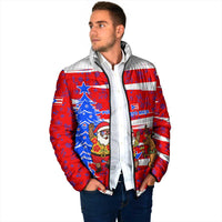 Puerto Rico Christmas Padded Jacket with Dancing Santa Reindeer Blue Tree and Festive Flag Design - Wonder Print Shop