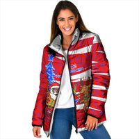 Puerto Rico Christmas Padded Jacket with Dancing Santa Reindeer Blue Tree and Festive Flag Design - Wonder Print Shop