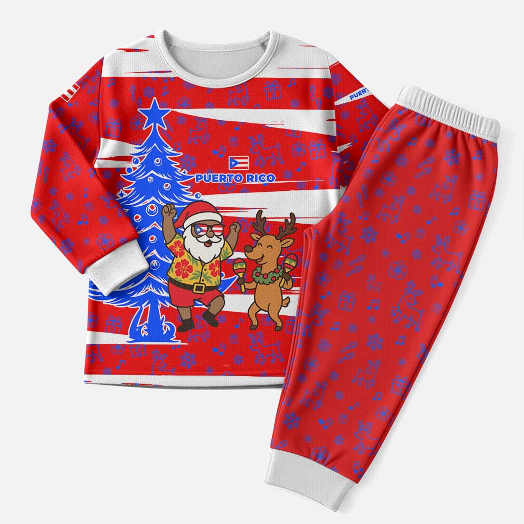 Puerto Rico Christmas Pajama Set with Dancing Santa Reindeer Blue Tree and Festive Flag Design - Wonder Print Shop