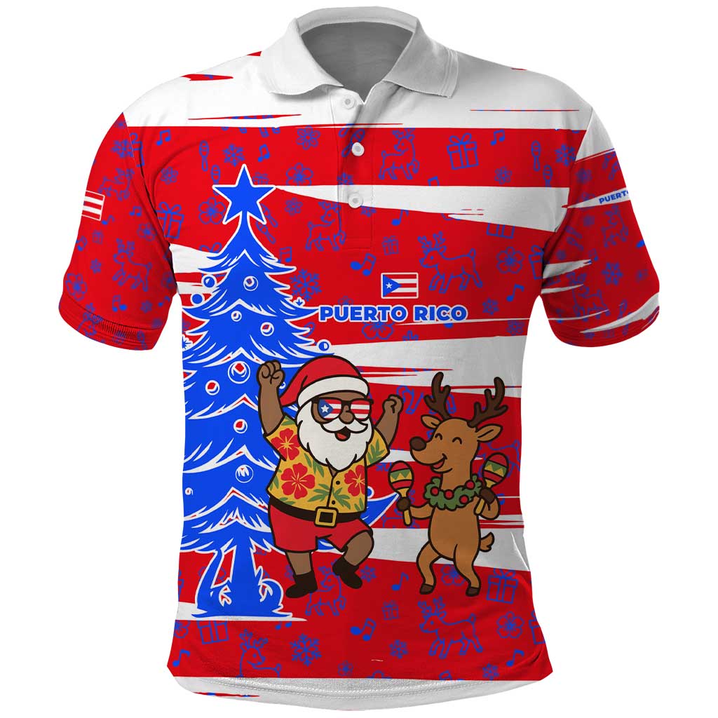 Puerto Rico Christmas Polo Shirt with Dancing Santa Reindeer Blue Tree and Festive Flag Design - Wonder Print Shop