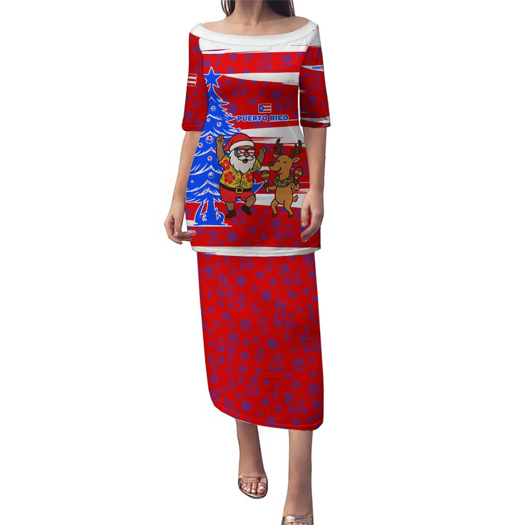 Puerto Rico Christmas Puletasi with Dancing Santa Reindeer Blue Tree and Festive Flag Design - Wonder Print Shop