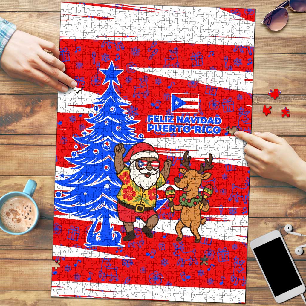 Puerto Rico Christmas Puzzle with Dancing Santa Reindeer Blue Tree and Festive Flag Design - Wonder Print Shop