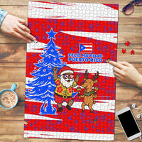 Puerto Rico Christmas Puzzle with Dancing Santa Reindeer Blue Tree and Festive Flag Design - Wonder Print Shop