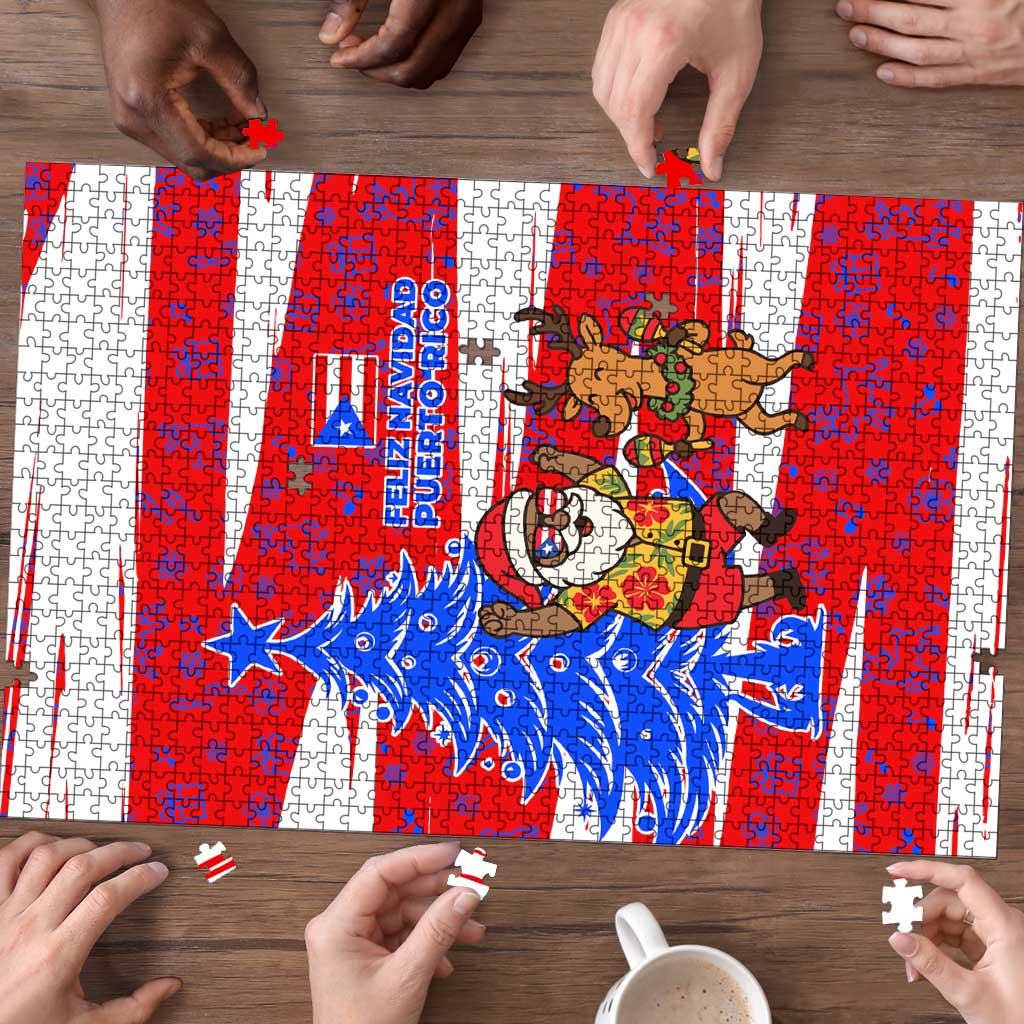 Puerto Rico Christmas Puzzle with Dancing Santa Reindeer Blue Tree and Festive Flag Design - Wonder Print Shop