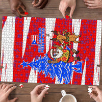 Puerto Rico Christmas Puzzle with Dancing Santa Reindeer Blue Tree and Festive Flag Design - Wonder Print Shop