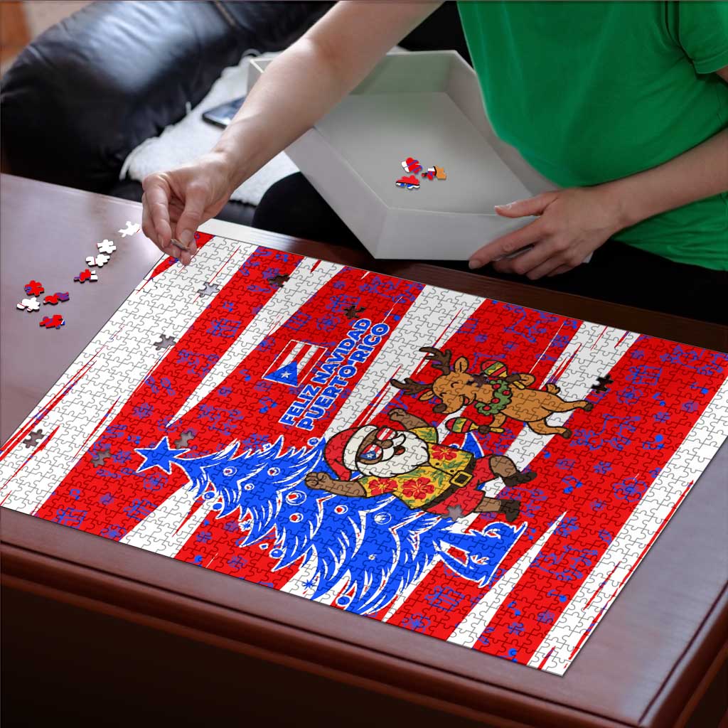 Puerto Rico Christmas Puzzle with Dancing Santa Reindeer Blue Tree and Festive Flag Design - Wonder Print Shop