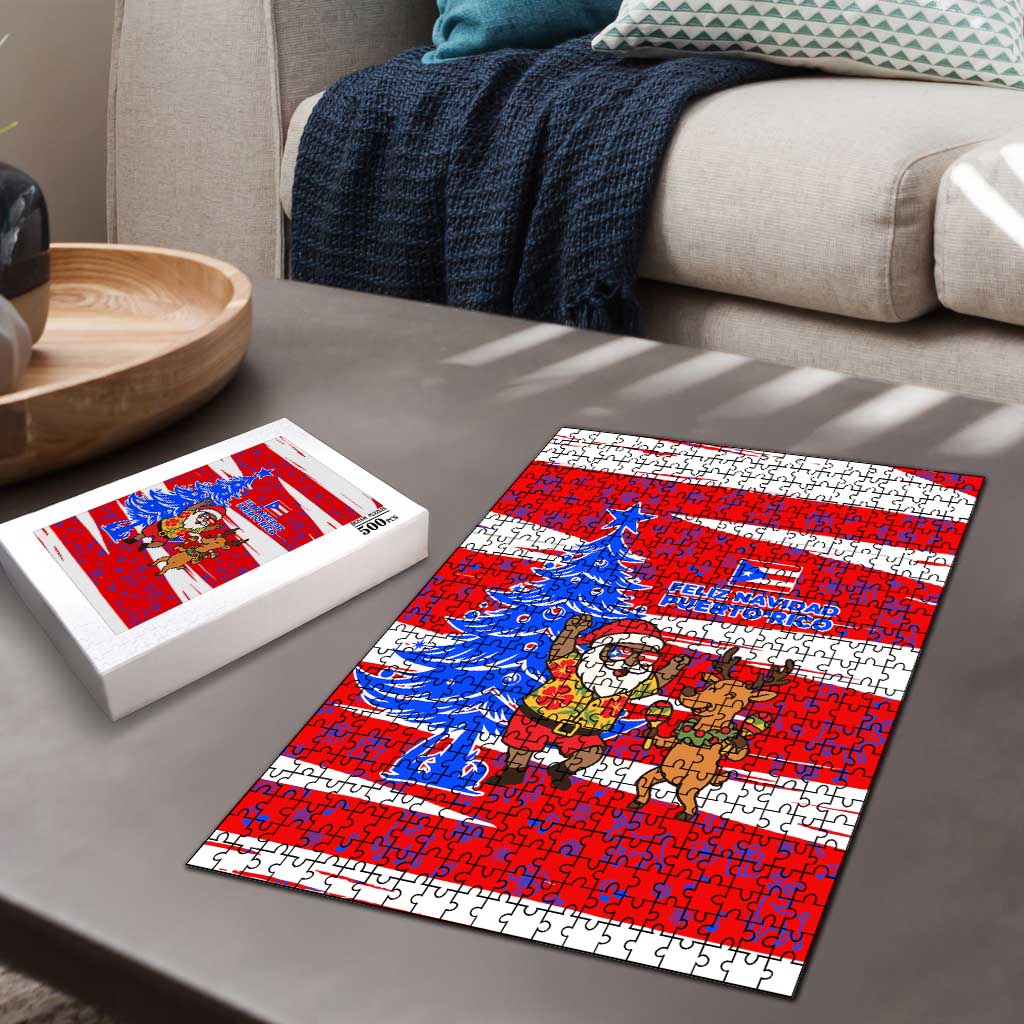 Puerto Rico Christmas Puzzle with Dancing Santa Reindeer Blue Tree and Festive Flag Design - Wonder Print Shop