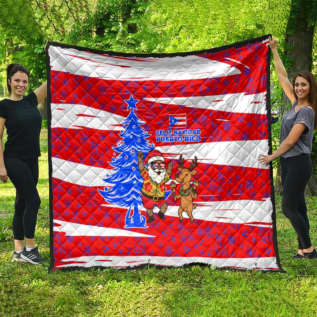 Puerto Rico Christmas Quilt with Dancing Santa Reindeer Blue Tree and Festive Flag Design - Wonder Print Shop