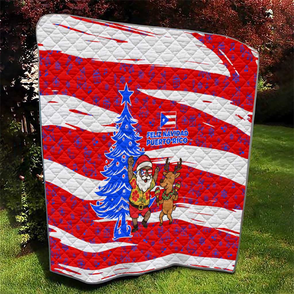 Puerto Rico Christmas Quilt with Dancing Santa Reindeer Blue Tree and Festive Flag Design - Wonder Print Shop
