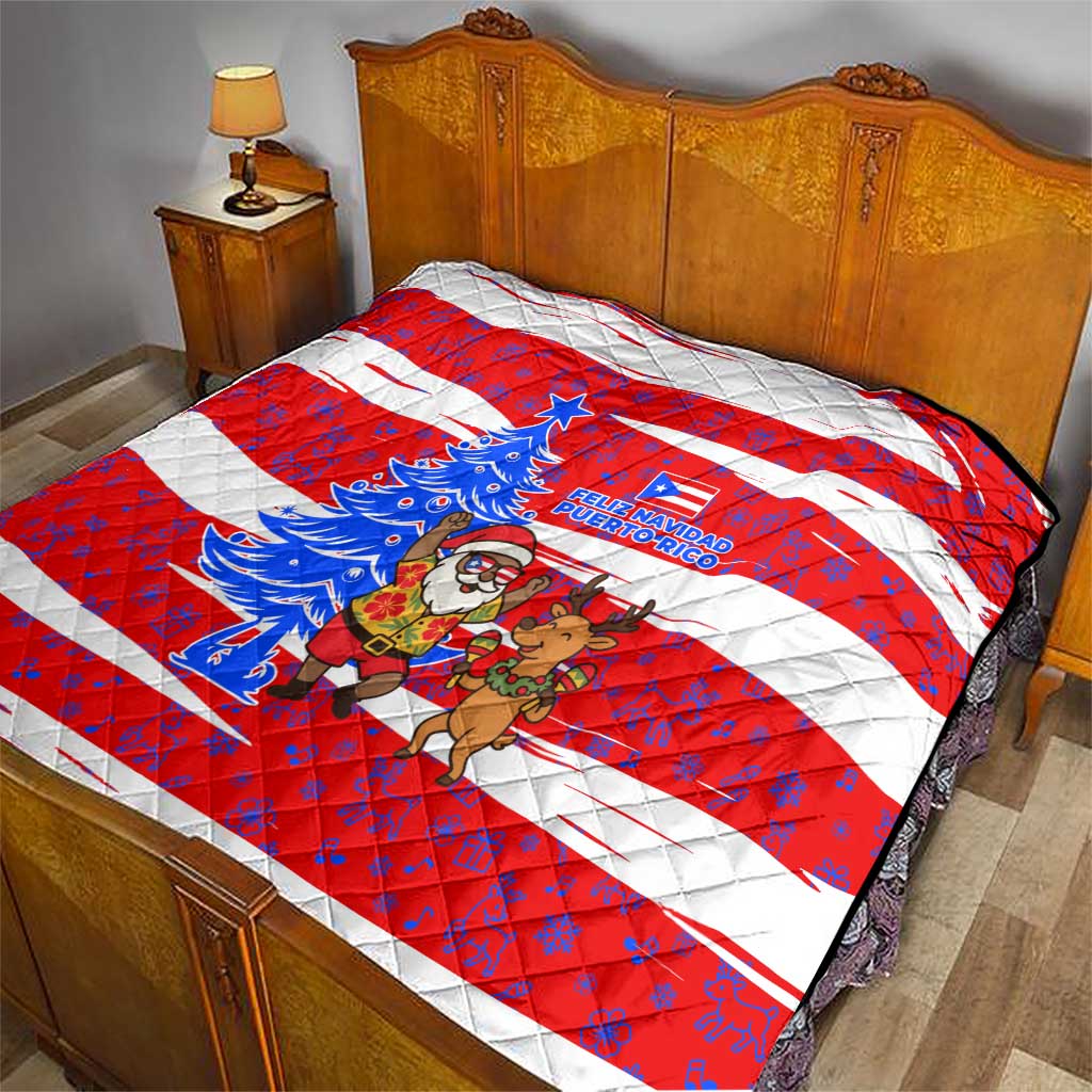 Puerto Rico Christmas Quilt with Dancing Santa Reindeer Blue Tree and Festive Flag Design - Wonder Print Shop