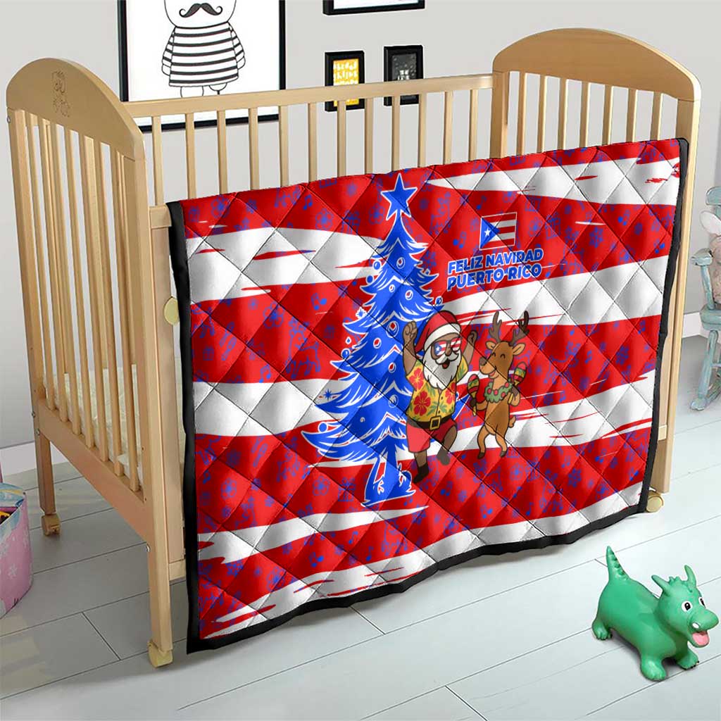 Puerto Rico Christmas Quilt with Dancing Santa Reindeer Blue Tree and Festive Flag Design - Wonder Print Shop