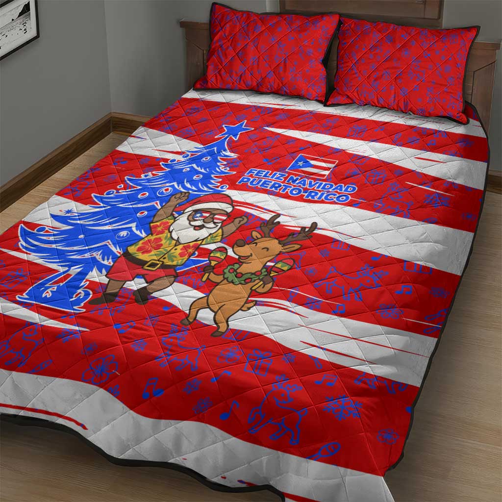 Puerto Rico Christmas Quilt Bed Set with Dancing Santa Reindeer Blue Tree and Festive Flag Design - Wonder Print Shop