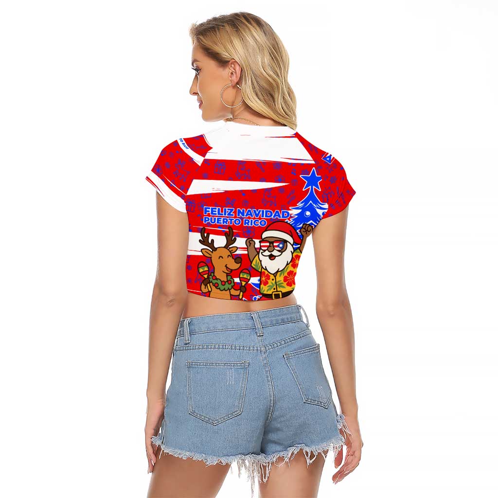 Puerto Rico Christmas Raglan Cropped T Shirt with Dancing Santa Reindeer Blue Tree and Festive Flag Design - Wonder Print Shop