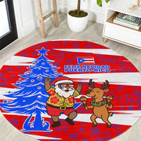 Puerto Rico Christmas Round Carpet with Dancing Santa Reindeer Blue Tree and Festive Flag Design - Wonder Print Shop
